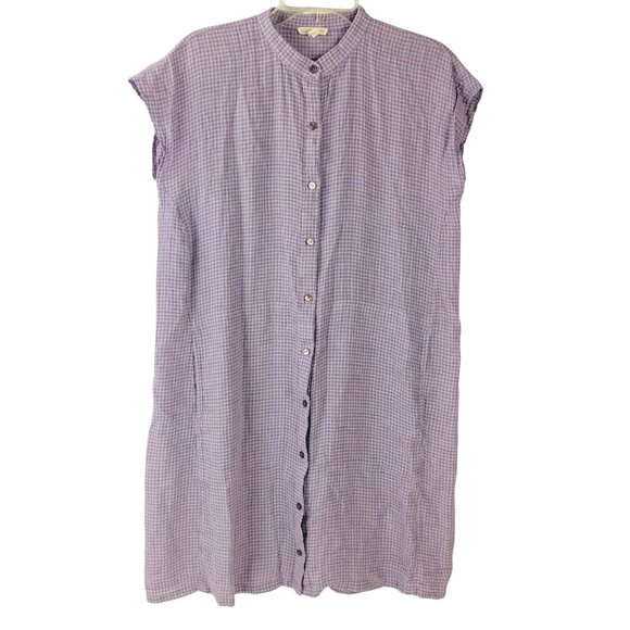 Eileen Fisher Gingham Organic Linen Mandarin Collar Shirt Dress Purple Lagenlook - Picture 2 of 9